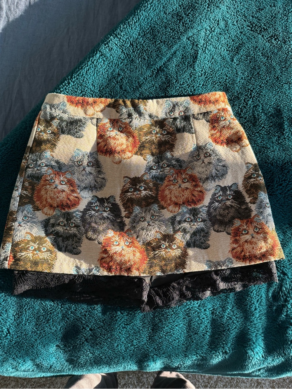Dressed in LALA Beige Mini Skirt with Multi-Colored Cat Tapestry - Picture 9 of 14